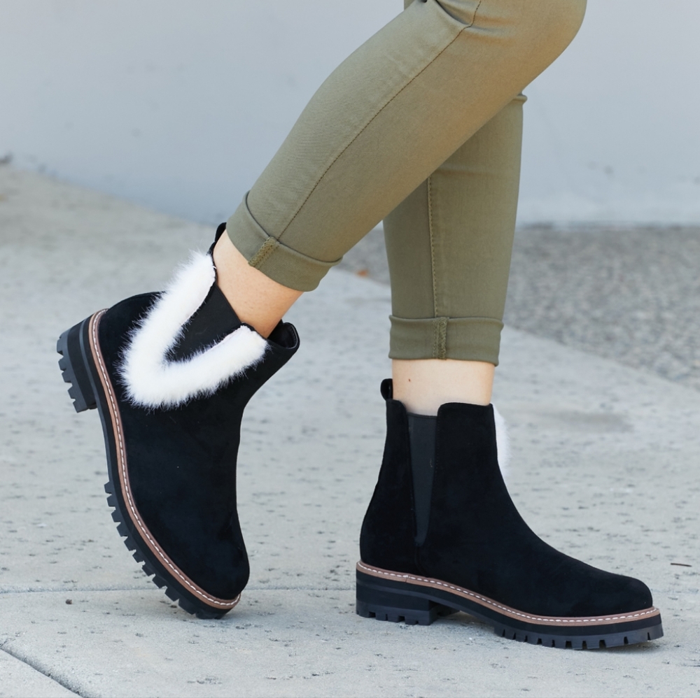Warmer Days Faux Fur Trim Chelsea Booties in Black